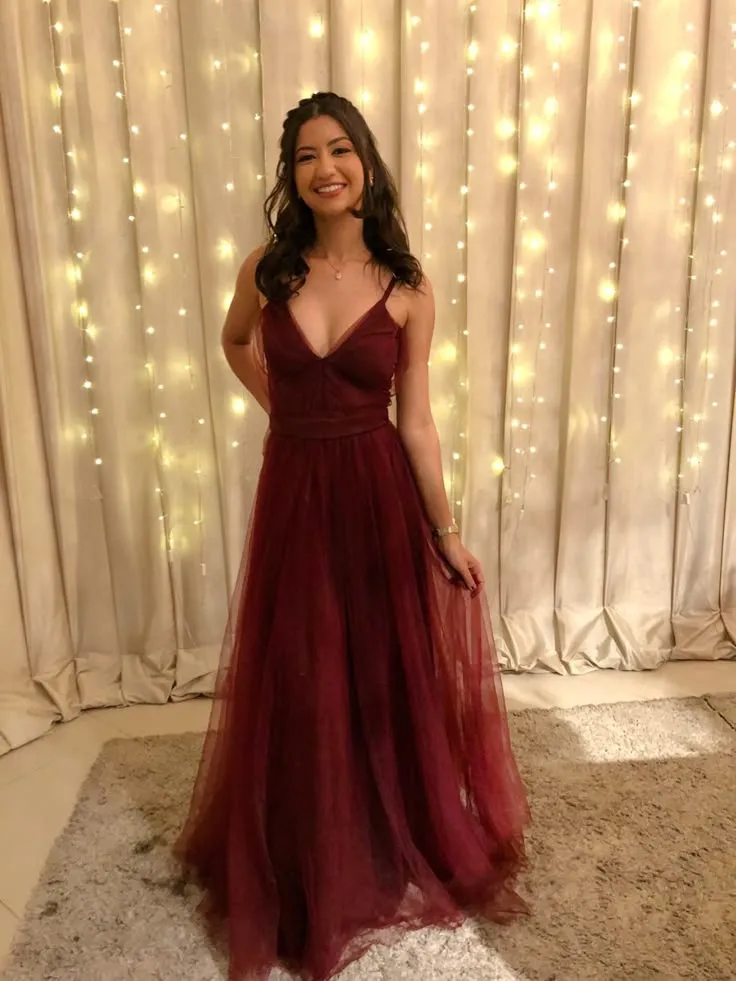 Glamorous A line Spaghetti Straps Tulle Burgundy Long Evening Party Gowns Evening Special Formal Dresses Prom Dress HZ1121