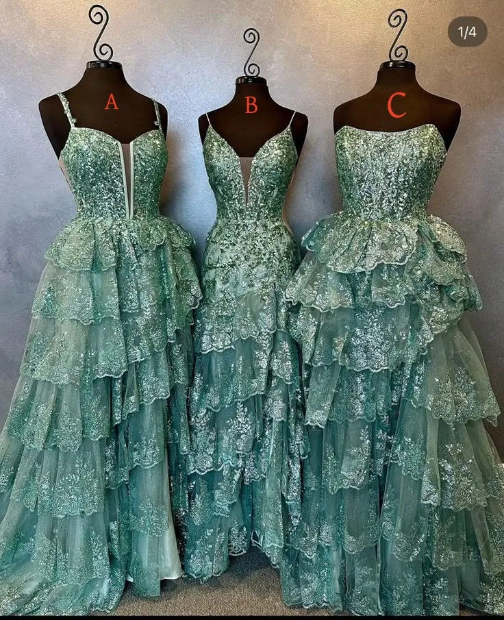 Glamorous Ball Gown Strapless Green Lace Evening Dress Party Gowns Evening Special Formal Dresses Prom Dresses HZ1121