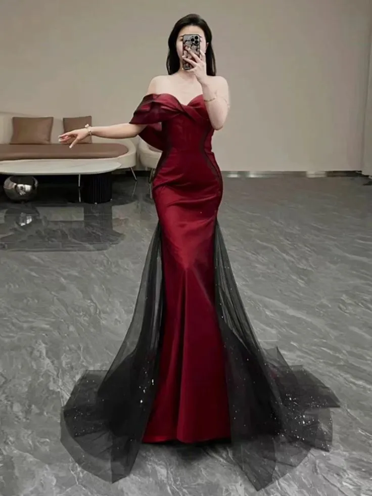 Fancy Mermaid Off The Shoulder Short Sleeves Burgundy Long Evening Dress Party Gowns Evening Special Formal Dresses Prom Dress HZ1121