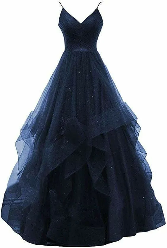 Simple Ball Gown Spaghetti Straps Navy Blue Tulle Sleeveless Long Evening Party Gowns Evening Dress Special Formal Dresses Prom Dress HZ1121