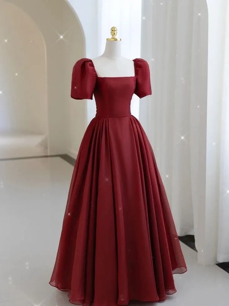 Glamorous A line Square Neck Short Sleeves Wine Red Chiffon Long Evening Party Gowns Evening Special Formal Dresses Prom Dress HZ1121