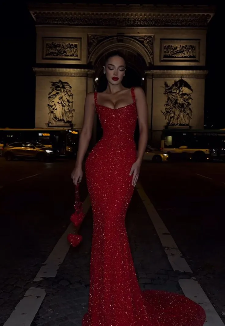 Elegant Mermaid Spaghetti Straps Sequin Red Long Prom Dresses Party Dress 18th Birthday Outfits Graduation Dresses HZ1121