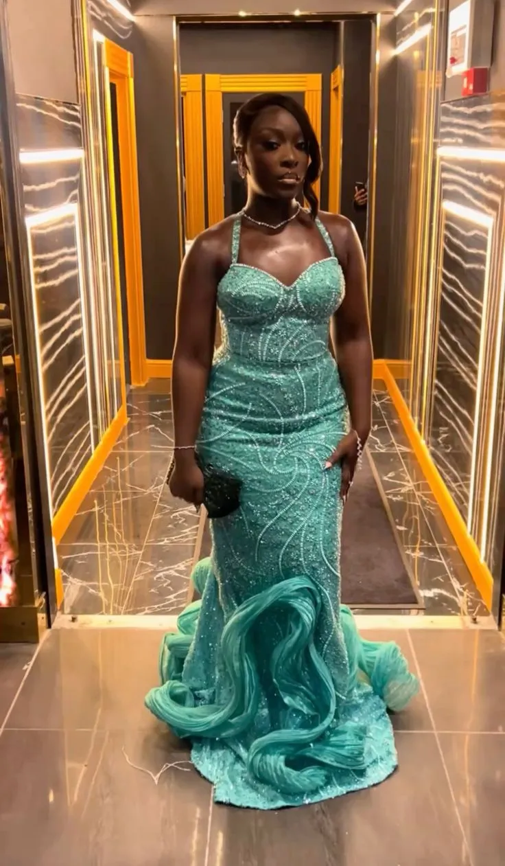 Elegant Mermaid Halter Blue Sequin Black Girl Long Prom Dresses Party Dress 18th Birthday Outfits Graduation Dresses HZ1121