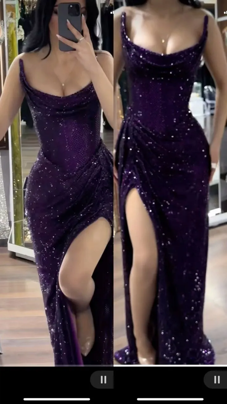 Sparkly Mermaid Strapless Grape Sequin Long Slit Evening Party Gowns Evening Dress Special Formal Dresses Prom Dress HZ1121