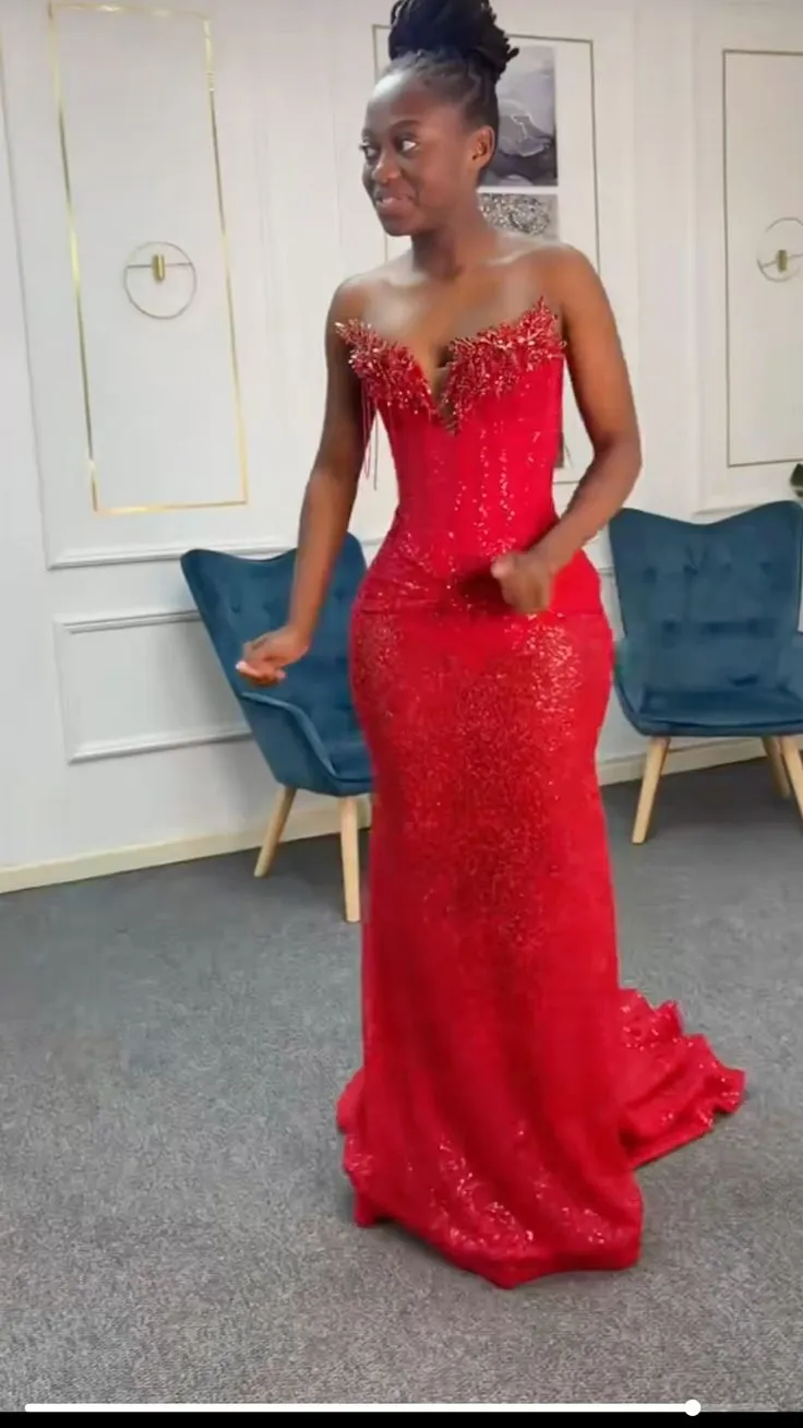 Sexy Mermaid Sweetheart Red Sequin Black Girl Long Prom Dresses Party Dress 18th Birthday Outfits Graduation Dresses HZ1121