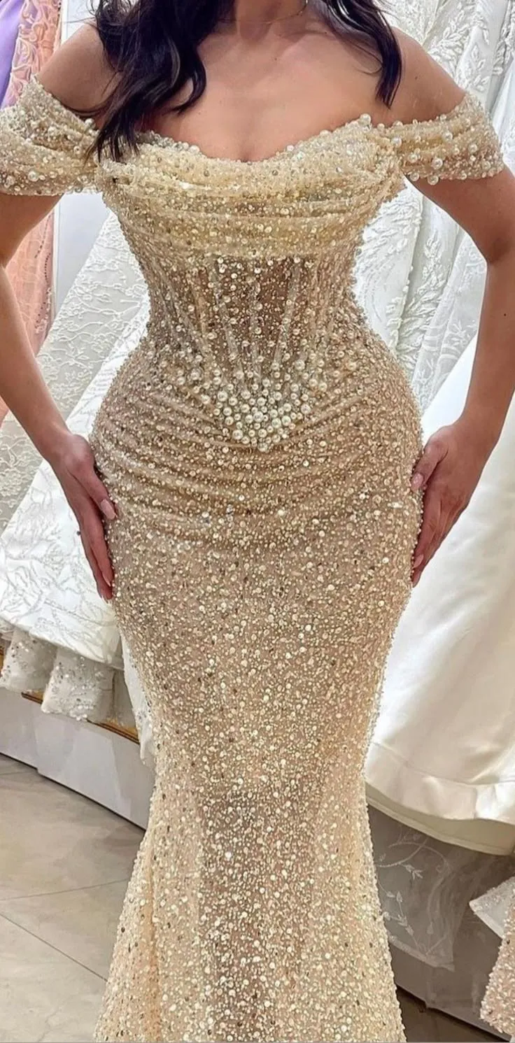 Sparkly Mermaid Off The Shoulder Sequin Gold Long Evening Party Gowns Evening Dress Special Formal Dresses Prom Dress HZ1121