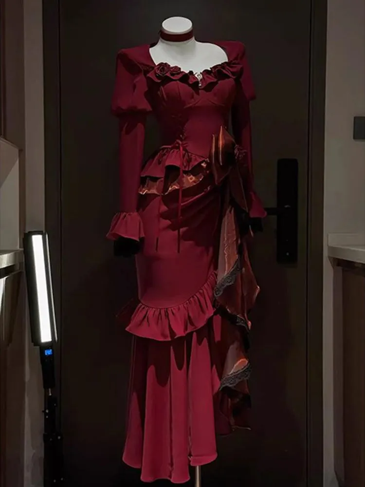 Vintage Mermaid Square Neck Burgundy Satin Long Summer 18th Birthday Dress Lolita Dress 18th Birthday Outfits Lolita Outfit HZ1121