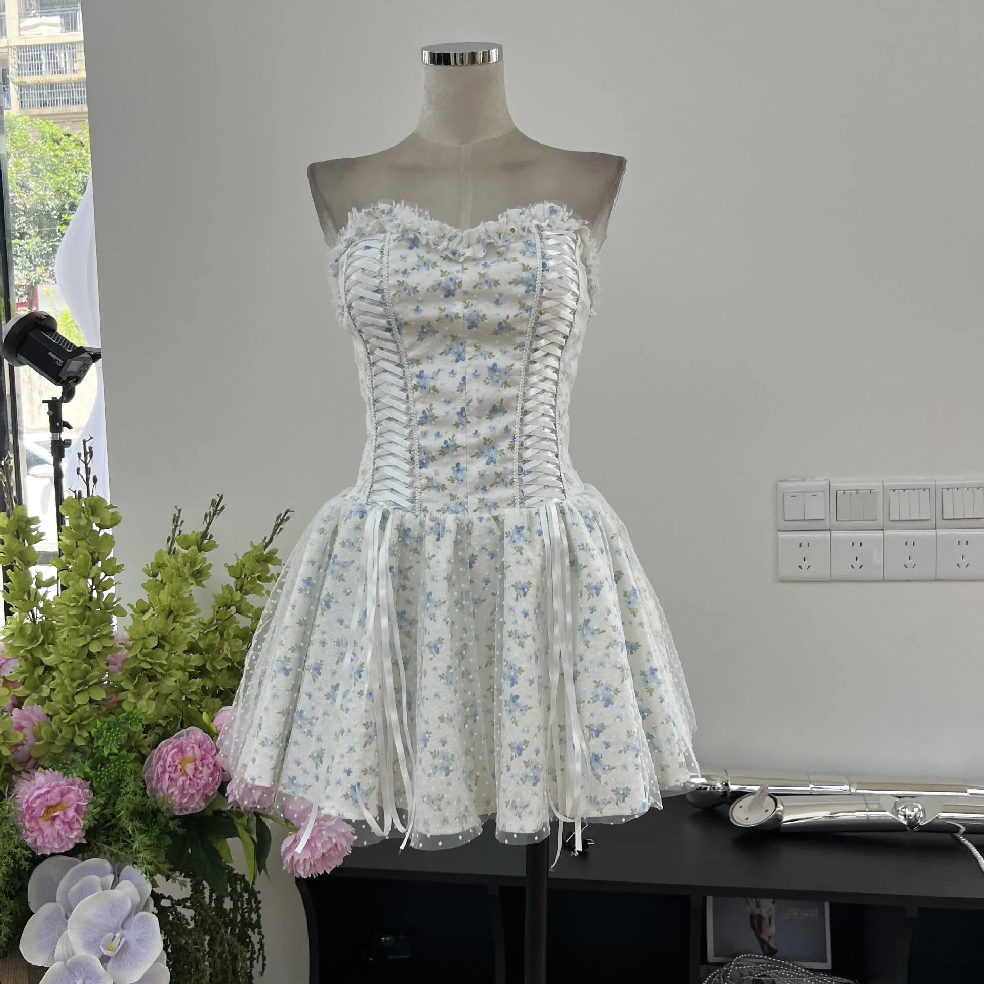 Modest A line Sweetheart Floral Blue Short Formal Homecoming Dress Middle School Short 18th Birthday Outfits Graduation Dress Cocktail Dresses HZ1121