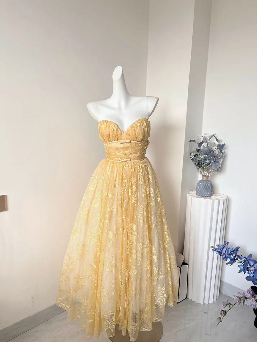 Pretty A Line Sweetheart Lace Yellow Formal Homecoming Dresses 21st Birthday Outfits Graduation Dress Cocktail Dresses HZ1121