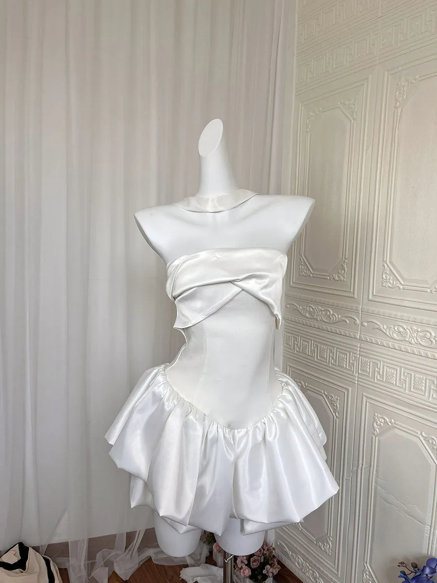 Pretty A Line Strapless White Satin Formal Homecoming Dresses 21st Birthday Outfits Graduation Dress Short Mini Night Cocktail Dresses HZ1121
