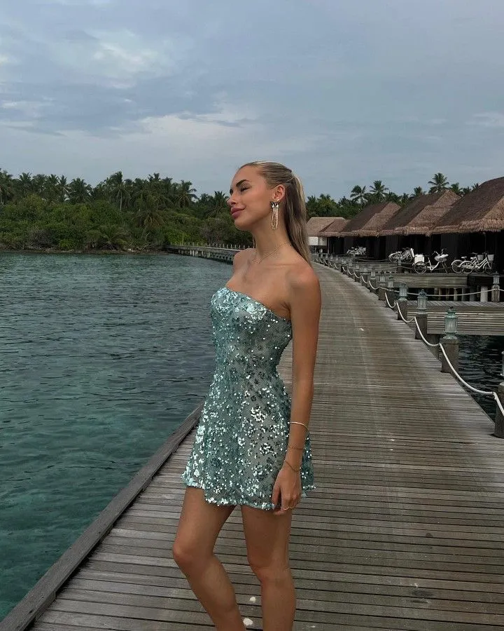 Pretty A line Strapless Blue Sequin Formal Homecoming Dresses 18th Birthday Outfits Graduation Dress Short Mini Hoco Dresses HZ1121