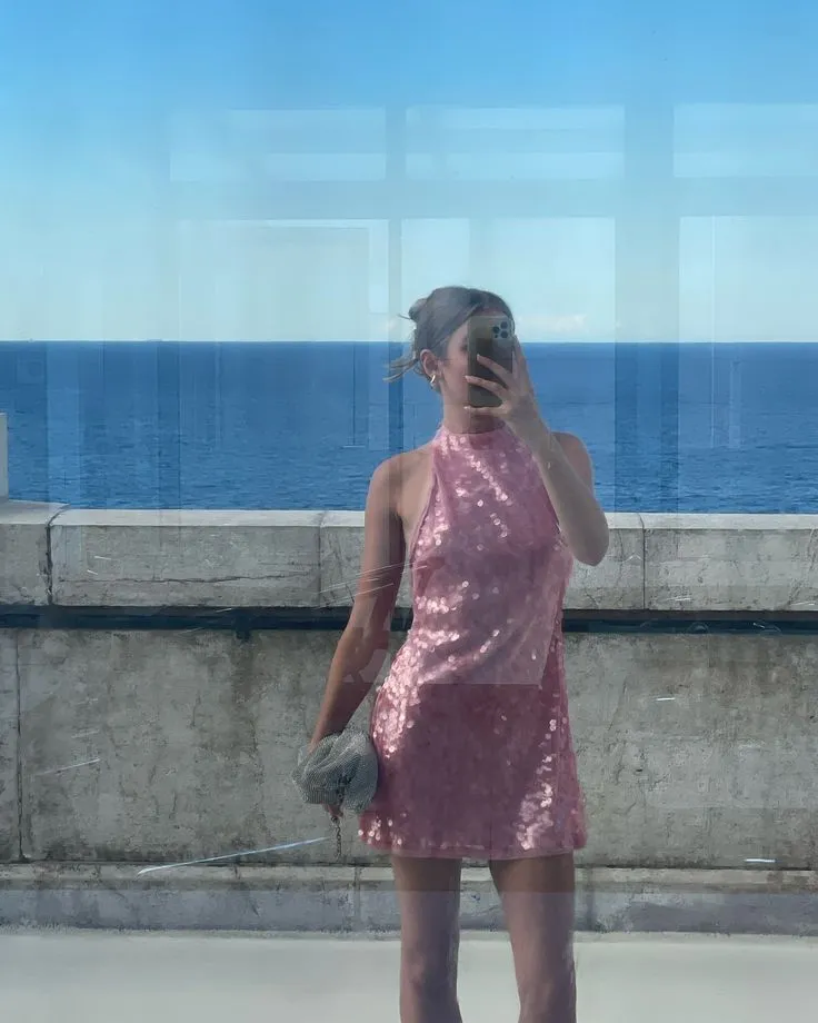 Modest A Line High Neck Pink Sequin Formal Homecoming Dresses 18th Birthday Outfits Graduation Dress Short Mini Hoco Dresses HZ1121