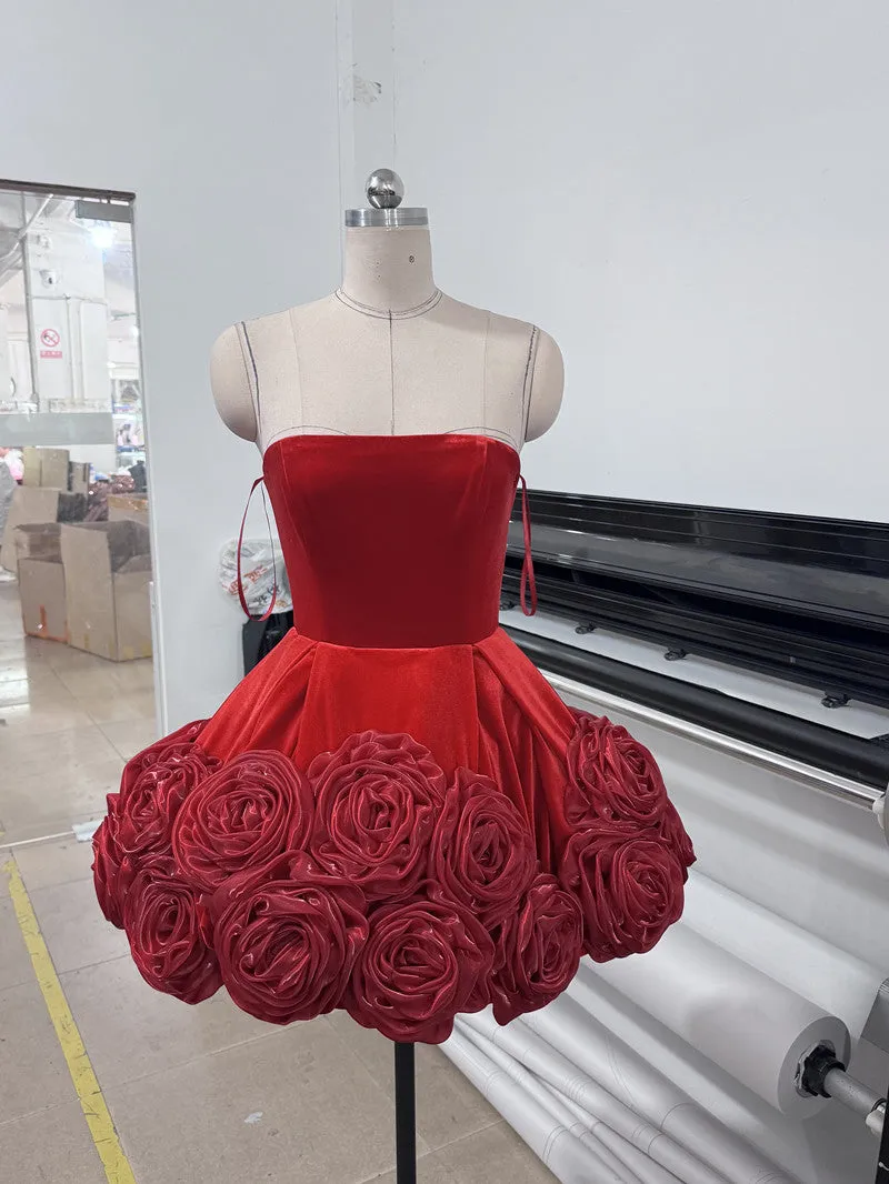Sexy Ball Gown Strapless Red Satin Formal Homecoming Dresses 18th Birthday Outfits Graduation Dress Short Mini Hoco Dresses HZ1121