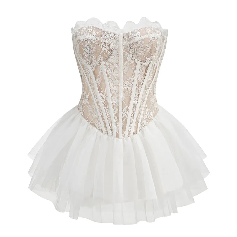 Sexy A line Strapless Lace White Formal Homecoming Dresses 18th Birthday Outfits Graduation Dress Short Mini Hoco Dresses HZ1121