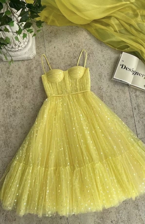Cute A Line Spaghetti Straps Yellow Tulle Formal 8th Grade Homecoming Dresses Middle School Cocktail Dress Hoco Outfits HZ1121