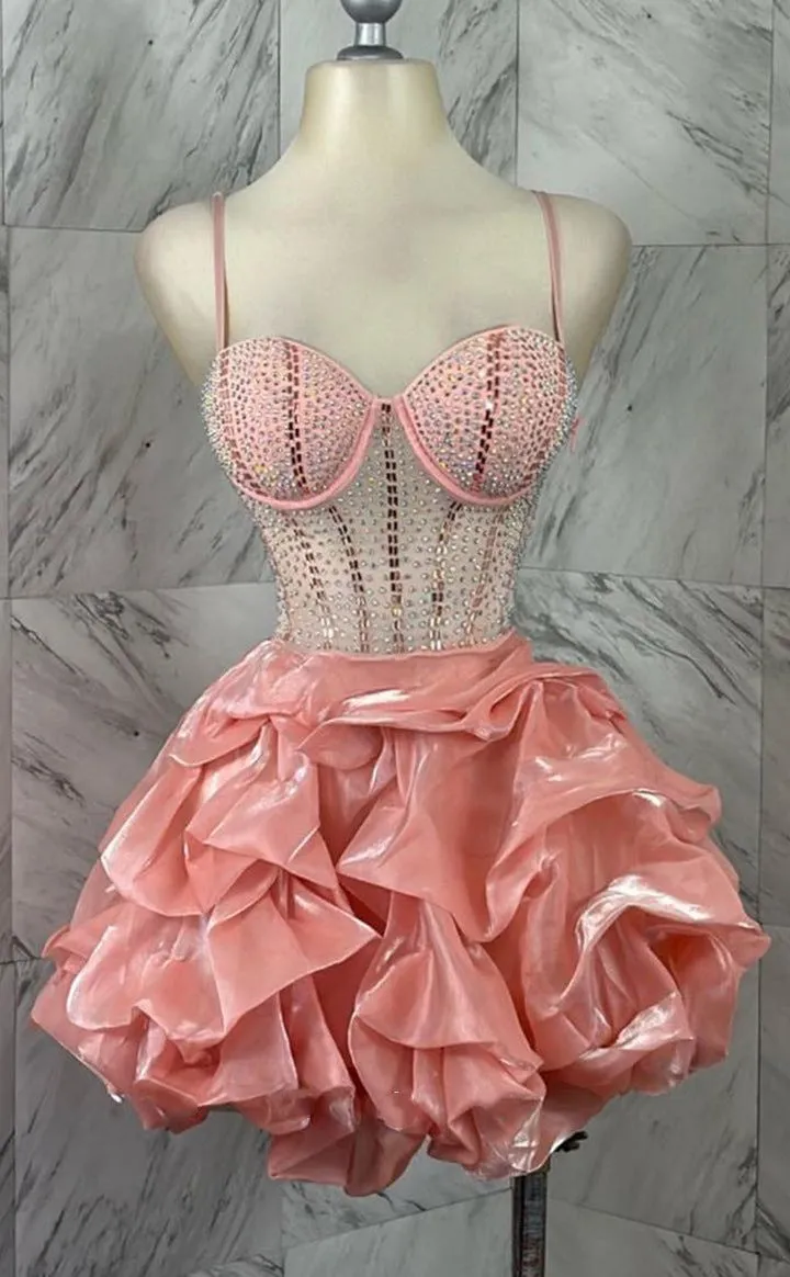 Modest Ball Gown Spaghetti Straps Blush Pink Organza Formal Homecoming Dresses 8th Grad Dance Graduation Dress Short Hoco Dresses HZ1121