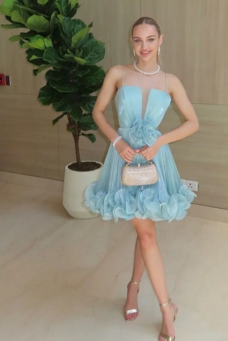 Cute Ball Gown Spaghetti Straps Light Sky Blue Satin Short Formal 8th Grade Homecoming Dresses Middle School Cocktail Dress Hoco Outfits HZ1121