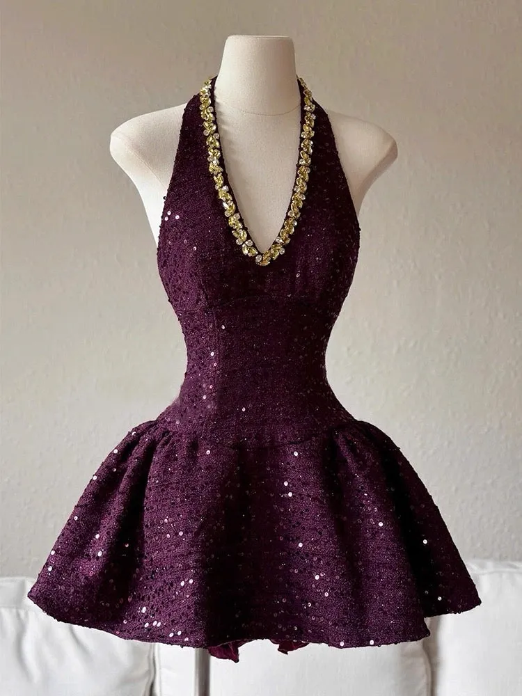 Cute Ball Gown Halter Grape Sequin Formal Homecoming Dresses 8th Grad Dance Graduation Dress Short Hoco Dresses HZ1121