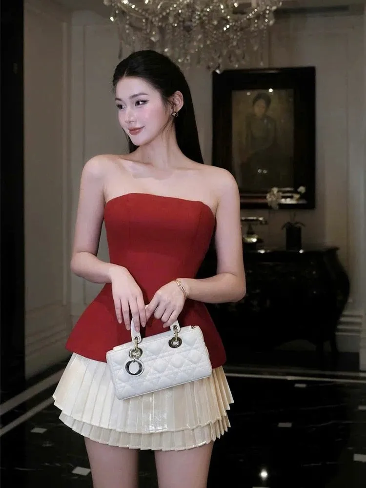 Cute A Line Strapless Satin Red Short Mini Formal 8th Grade Homecoming Dresses Middle School Cocktail Dress Hoco Outfits HZ1121