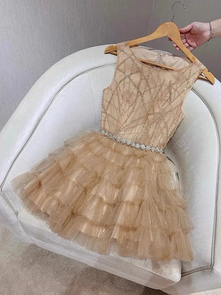Cute Ball Gown Scoop Champagne Tulle Formal Homecoming Dresses 8th Grad Dance Graduation Dress Short Hoco Dresses HZ1121