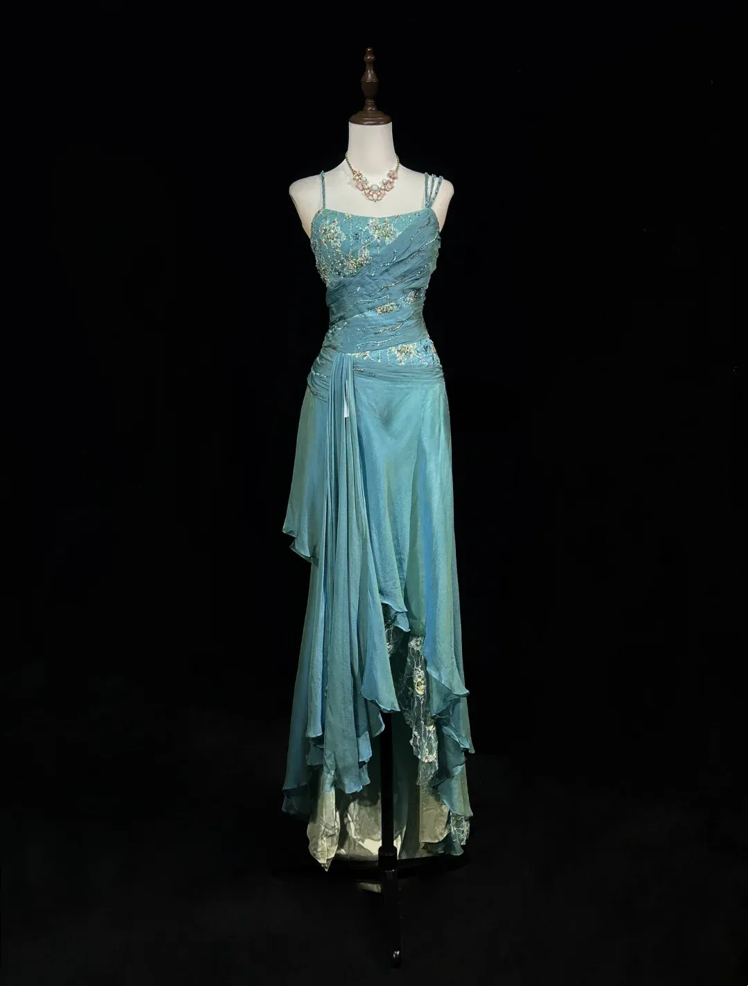 Vintage A Line Spaghetti Straps Blue Sleeveless Chiffon Long Prom Dresses Party Dress 18th Birthday Outfits Graduation Dresses HZ1121