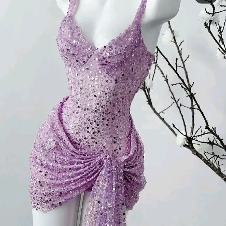 Unique Sheath Straps Sequin Lilac Formal Tight Homecoming Dresses 8th Grad Dance Graduation Dress Short Hoco Dresses HZ1121