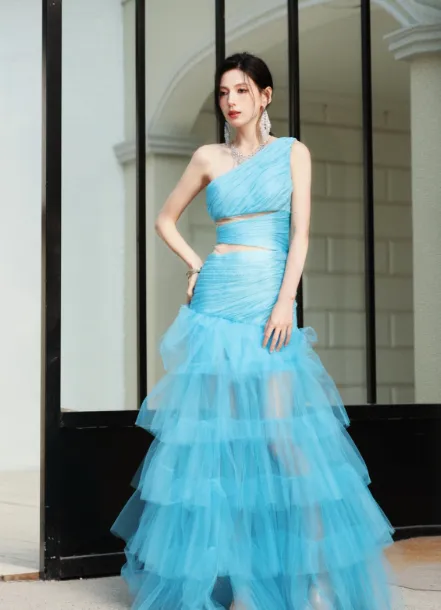 Modest Blue One Shoulder Formal Dress Tulle Mermaid Long Evening Gowns Prom Dresses HZ1121