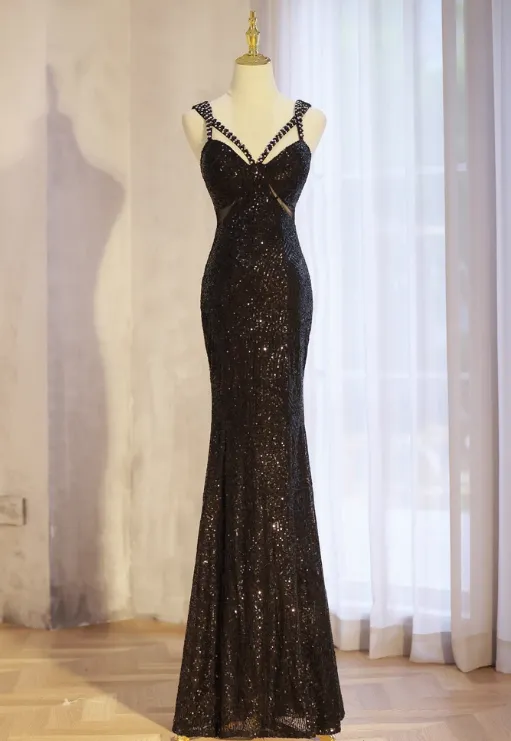 Elegant Black Mermaid Evening Gowns Spaghetti Strap Formal Dresses Spark Sequin Sleeveless Long Prom Dresses HZ1121