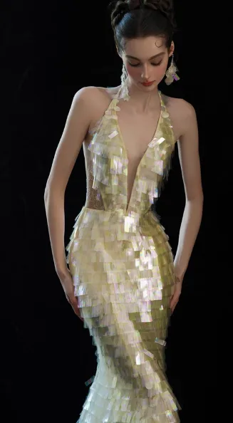 Chic Yellow Mermaid Evening Gowns V Neck Formal Dress Modest Sequin Sleeveless Long Prom Dresses HZ1121