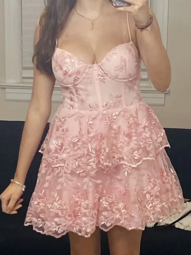 Fancy A line Spaghetti Straps Light Pink Lace Formal Homecoming Dresses High School Graduation Dress Short Night Fashion Hoco Dresses HZ1121