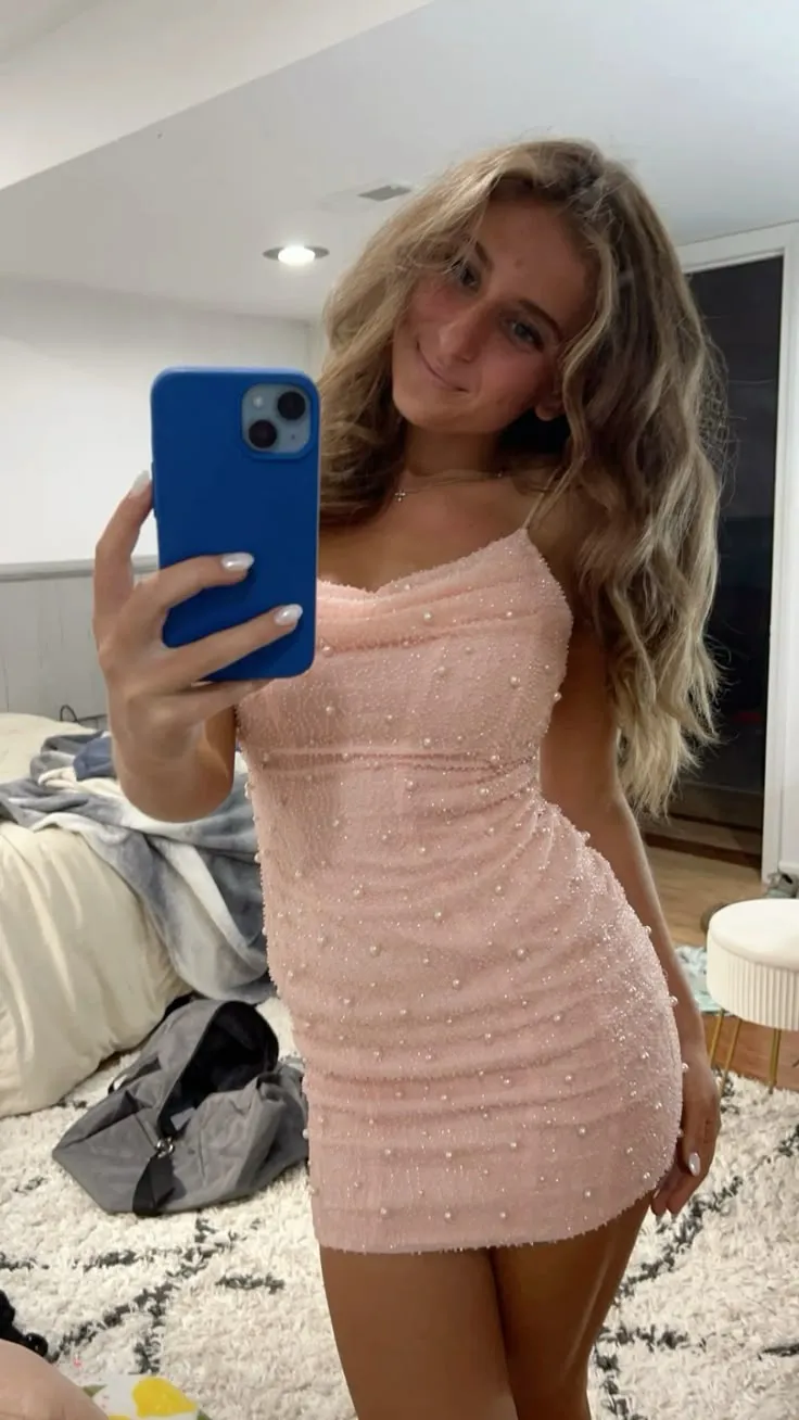 Fancy Sheath Spaghetti Straps Light Pink Sequin Formal Homecoming Dresses High School Graduation Dress Short Night Elegant Hoco Dresses HZ1121