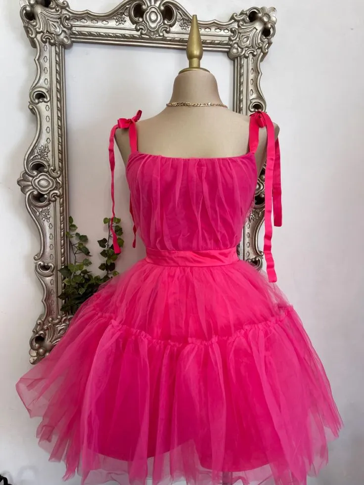 Fancy Ball Gown Spaghetti Straps Hot Pink Tulle Formal Homecoming Dresses High School Graduation Dress Short Night Elegant Hoco Dresses HZ1121