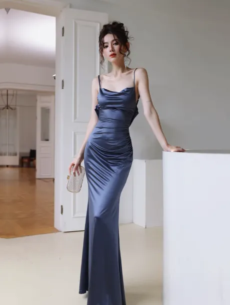 Elegant Spaghetti Straps Navy Blue Formal Dress Satin Bodycon Evening Gown Simple Backless Long Party Dress HZ1121