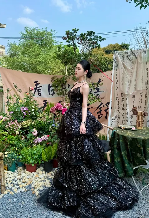 Sparkly Black Spaghetti Strap Sheath Tulle Short Train Evening Dress HZ1121