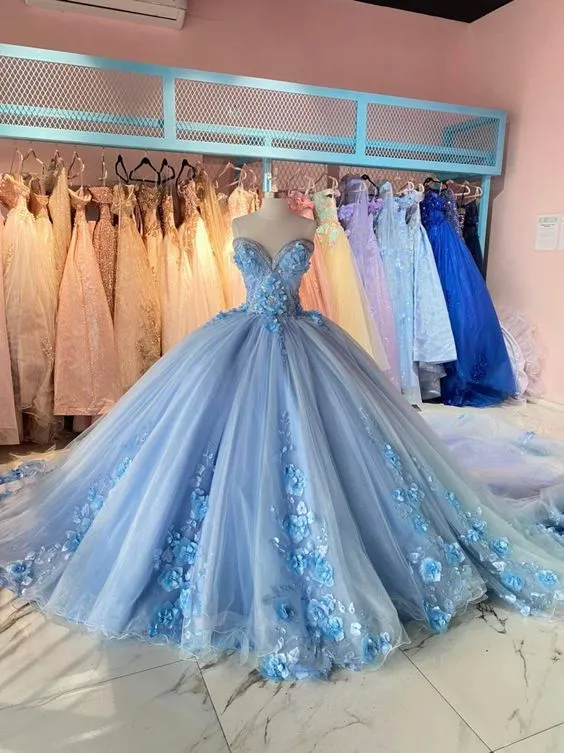 Cute Blue Sweetheart Neck Ball Gowns Tulle Applique Quincea?era Dress HZ1121
