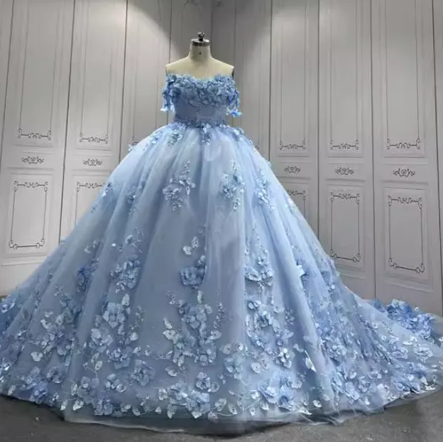 Gorgeous Sky Blue Off-the-shoulder Tulle Long Ball Gown with Flower Sweet 16 Birthday Dress Cute Quinceanera Dress HZ1121
