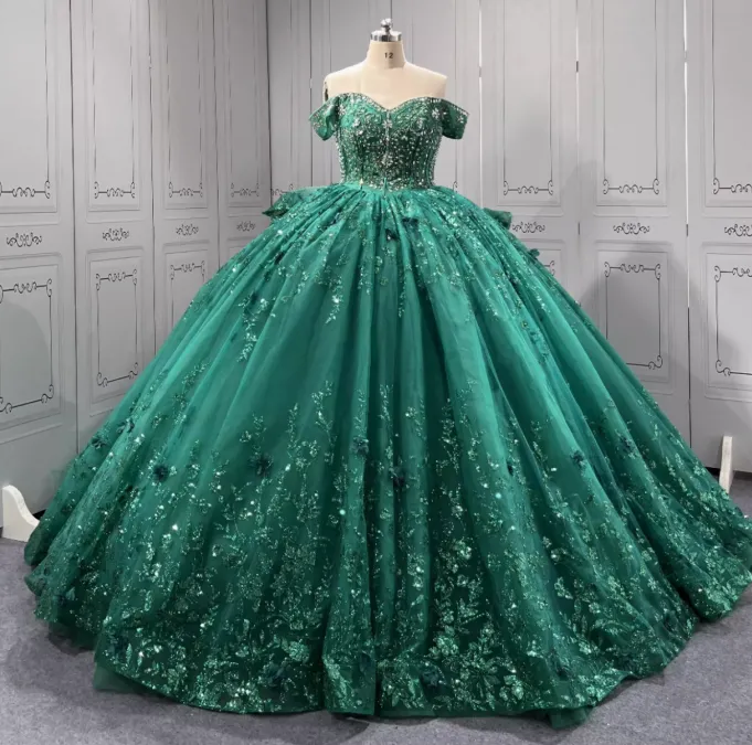 Gorgeous Dark Green Off-the-Shoulder Tulle Long Ball Gown Appliques Sweet 16th Birthday Dress Cute Beaded Sequin Quinceanera Dress HZ1121