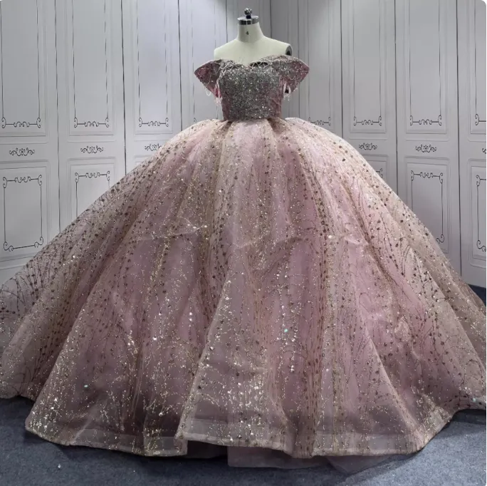 Gorgeous Rose Gold Off-the-shoulder Tulle Long Ball Gown Sparkly Sweet16th Birthday Dress Cute Beaded Sequins Quinceanera Dress HZ1121