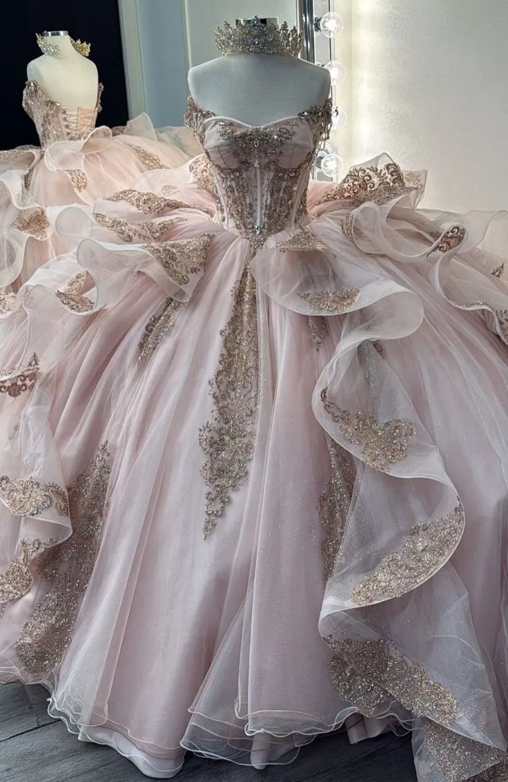 Gorgeous Pink Strapless Tulle Long Ball Gown Sweet Appliques Rhinestone Beadings 16th Birthday Dress Cute Quinceanera Dress HZ1121