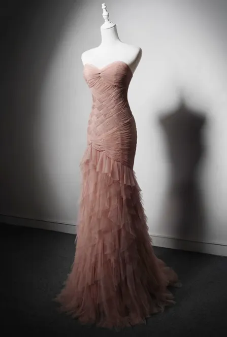 Modest Pink Mermaid Evening Gowns Tulle Tiered Sweetheart Neck Long Prom Dress Graduation Dress HZ1121