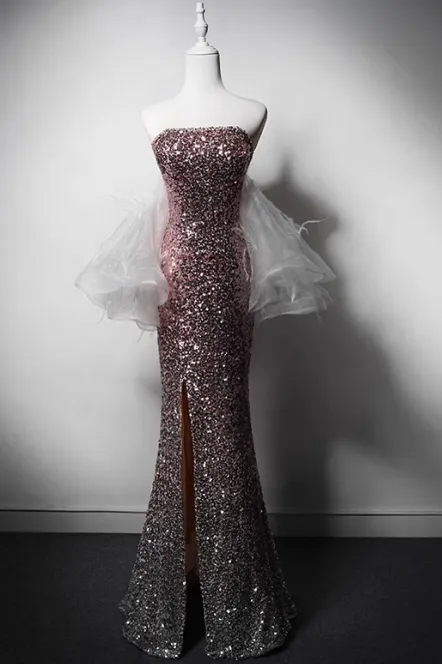 Modest Pink Mermaid Evening Gowns Strapless Slit Long Prom Dress Sparkly Sequins Graduation Dress HZ1121