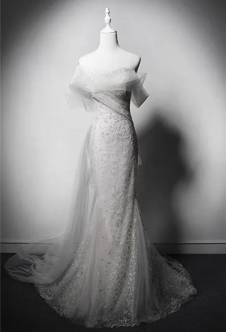 Elegant White Mermaid Evening Gowns Off-the-shoulder Tulle Long Prom Dress Modest Sleeveless Formal Dress HZ1121