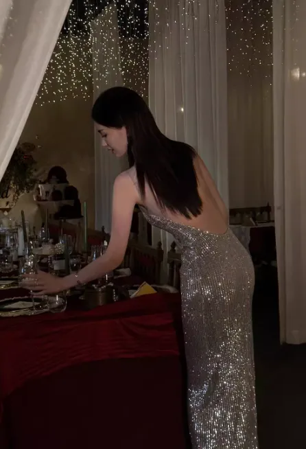 Modest Silver Spaghetti Strap Long Evening Gown Sheath Elegant Beaded Formal Dress Open Back Party Dress HZ1121