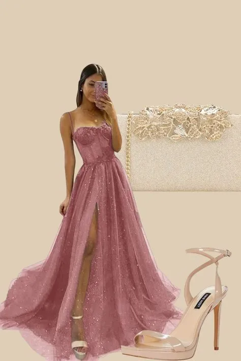 Elegant A Line Spaghetti Straps Pink Lace Sleeveless Long Split Evening Party Gowns Evening Dress Special Formal Dresses Prom Dress HZ1121