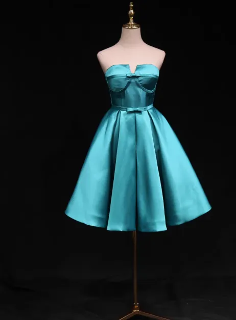Elegant Strapless A-Line Satin Short Prom Dresses, Blue Homecoming Dresses HZ1121