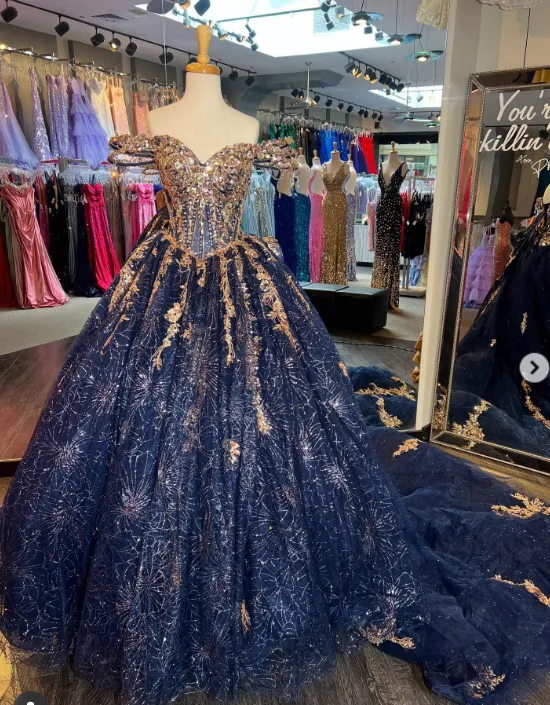 Gorgeous Off-the-shoulder Ball Gown Tulle Beaded Long Prom Dresses, Navy Blue Quinceanera Dresses HZ1121