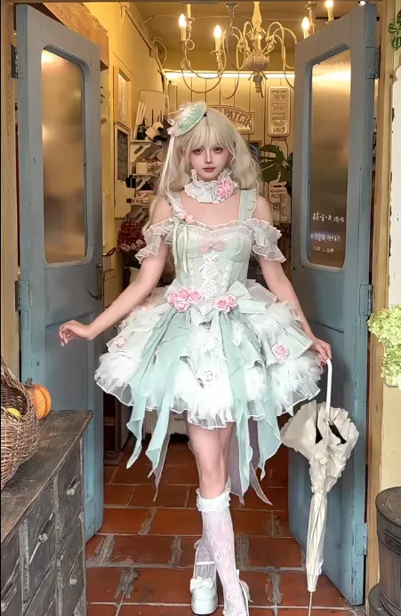 Sweet Off-the-shoulder Ball Gown Tulle Birthday Dress Light Green Lolita Dress HZ1121