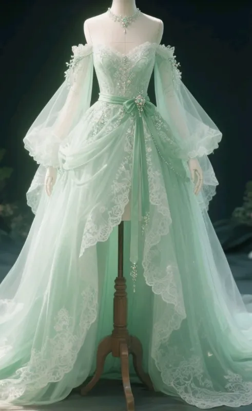 Sweet Off-the-shoulder Ball Gown Tulle Lace Long-sleeved Birthday Dress Green Lolita Dress HZ1121