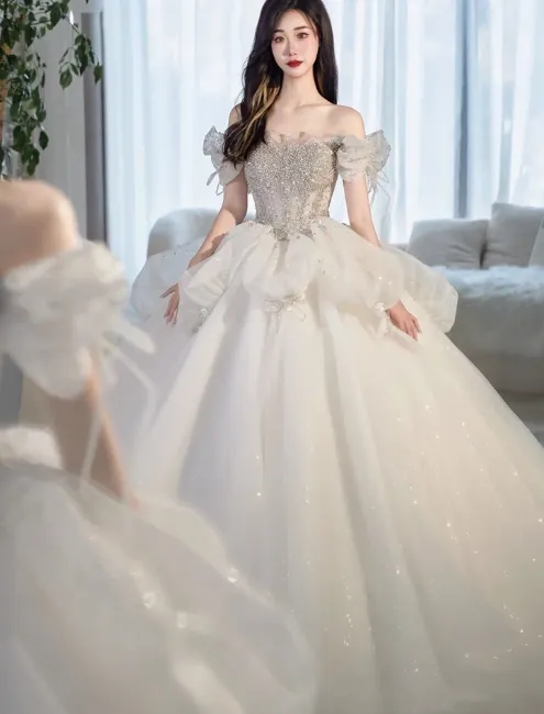 Princess Bridal Dress Ball Gown Off Shoulder Tulle White Beads Long Wedding Dress Modest Bridal Gowns HZ1121