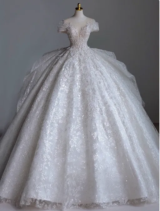 Princess Bridal Dress Ball Gown Round Neck Tulle White Beads Long Wedding Dress Modest Bridal Gowns HZ1121